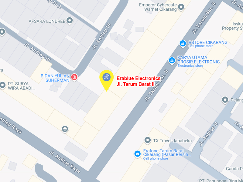 Peta ke toko EraBlue di  Jalan Tarum Barat II, Kelurahan/Desa Jayamukti, Kecamatan Cikarang, Kabupaten Bekasi, Provinsi Jawa Barat